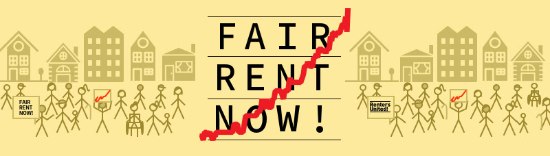 A drawing with people holding signs demanding fair rent now. Join the call for rent controls now!